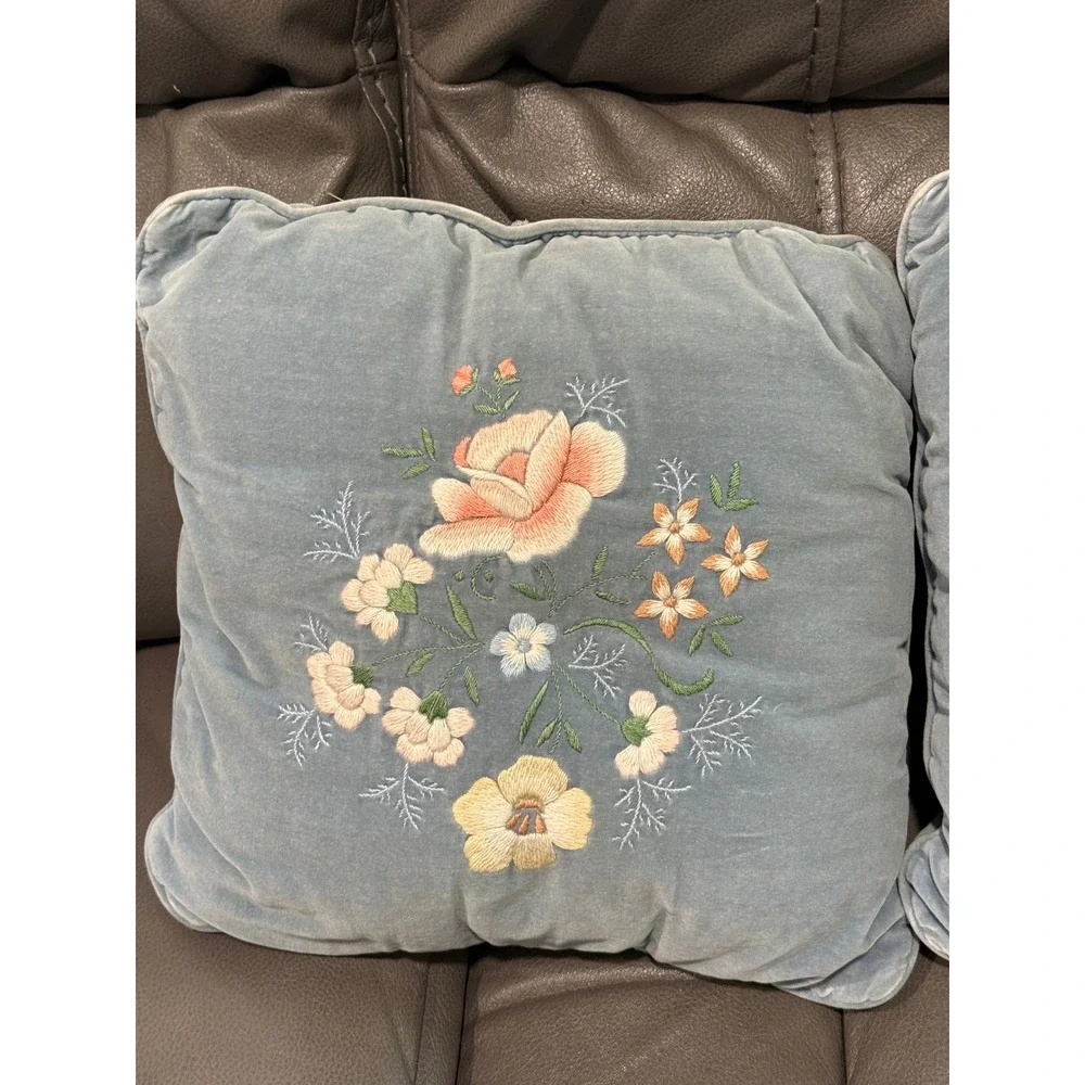 Set of 2 Embroidered‎ Floral Throw Pillows Light Blue Velvet Cottagecore Accent